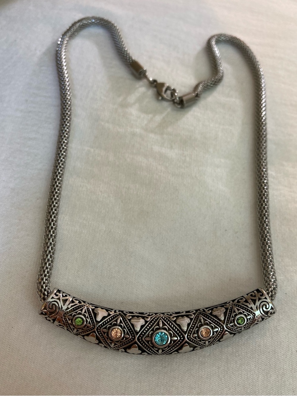 Mesh Silver Tone Necklace with Bar Pendant with Stones
